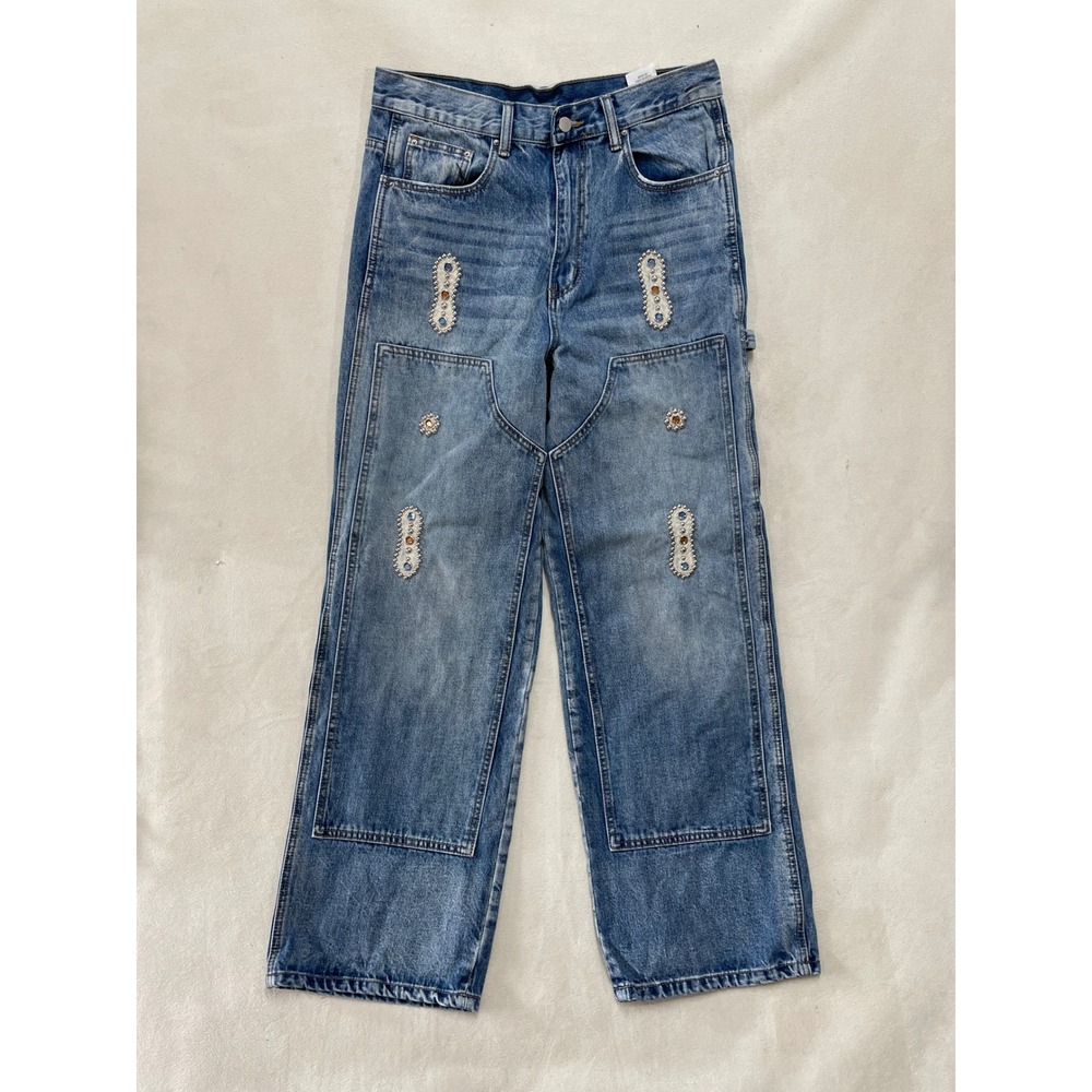 mnml Mens Western Double Knee Studded Gemstone Blue Denim Jeans Size 32